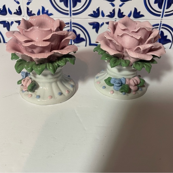 Vintage Set 1970’s Bisque Porcelain Handcrafted Rose Candle Holders on Pedestals - Picture 3 of 13